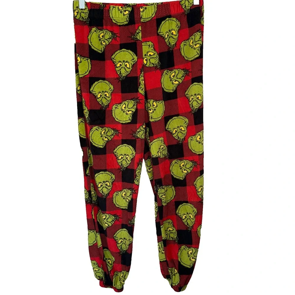 The Grinch Pajama Pants L Buffalo Plaid Red‎ Black Fleece Holiday Cozy Christmas